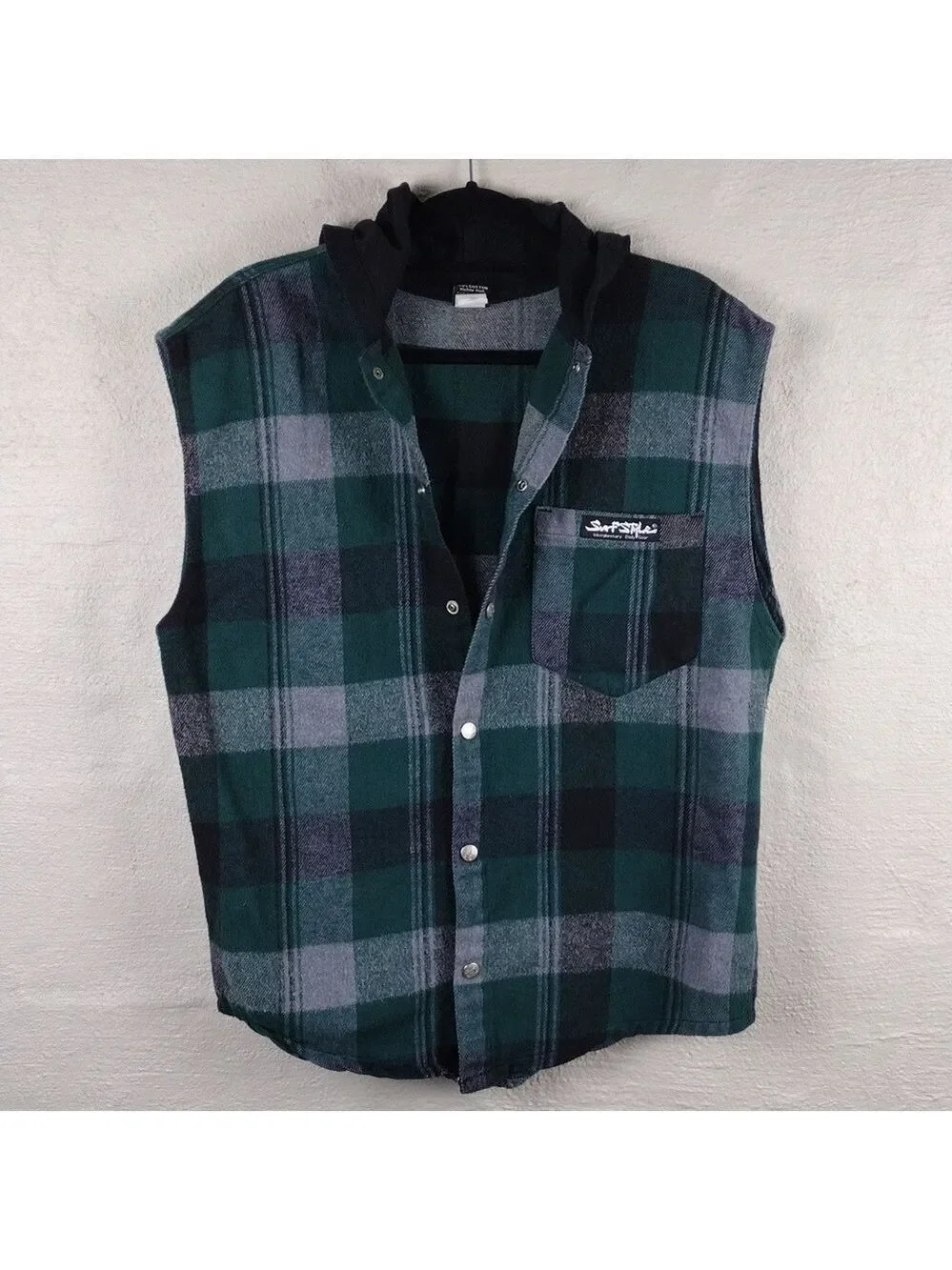 Surf Style Interplanetary Body Gear Green Windowpane Plaid Hooded Snap Up Vest